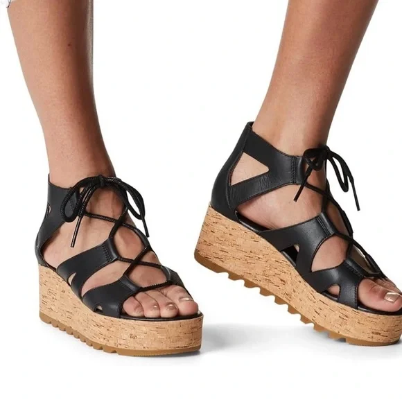 Sorel Cameron Platform Black Wedge Sandals - Picture 1 of 7